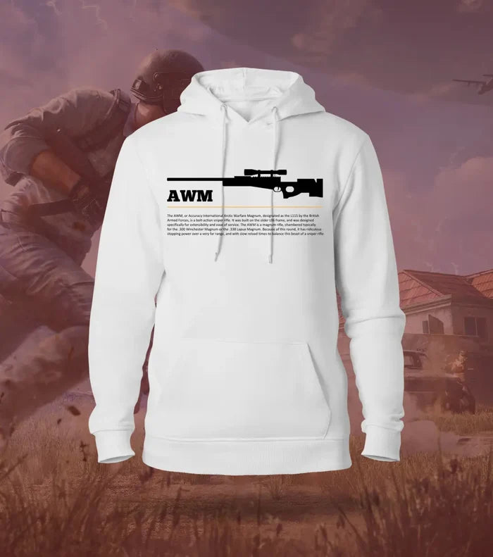 AWM – One Bullet One Knock BGMI Hoodie | 300 GSM Brushed Fleece - White / XS / Regular - BGMI/PUBG