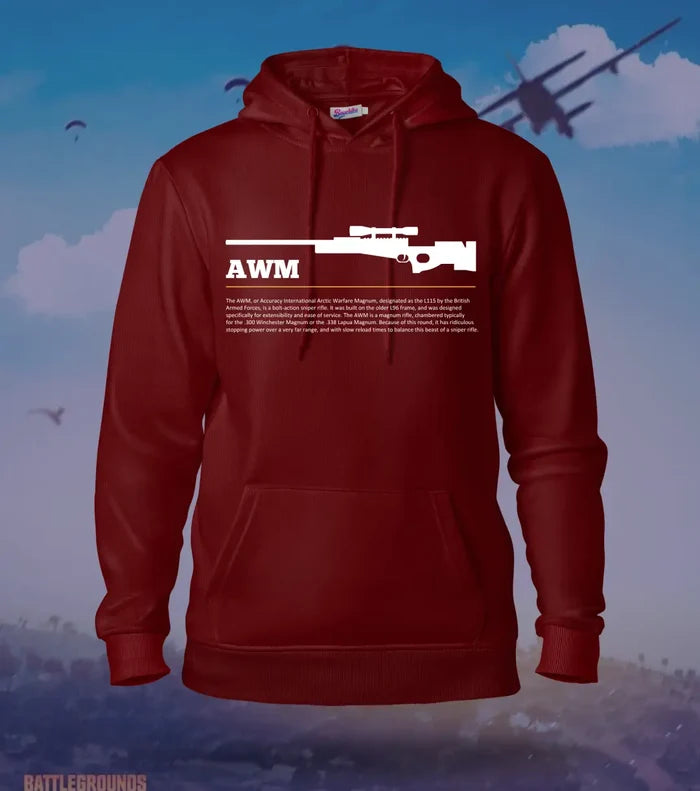 AWM – One Bullet One Knock BGMI Hoodie | 300 GSM Brushed Fleece - Maroon / XS / Regular - BGMI/PUBG